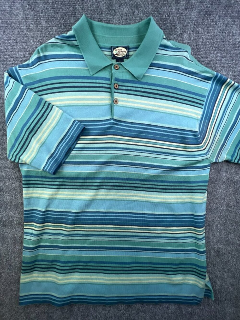 Tommy Bahama Polo Shirt Mens Large Silk Blend Blue Green Short Sleeve Striped - Picture 2 of 14